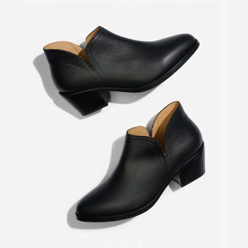 Nisolo Mia Everyday Ankle Black on Black Water Resistant Leather Stacked Heel Bo